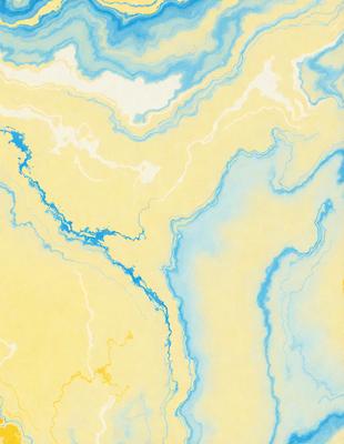 The primary subject of the image is a painting of a blue river with yellow and blue colors. The setting is a water-based landscape, and the visual style appears to be a combination of digital art and illustration. The dominant colors in the painting are blue and yellow, creating a serene and calming atmosphere.