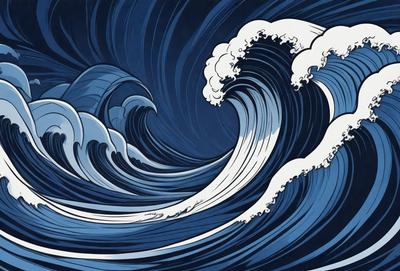 The primary subject of the image is a large wave in the ocean. The wave is depicted in a painting or drawing style, with a blue background and white and blue colors. The wave is the main focus of the image, and it appears to be a dynamic and powerful force of nature.