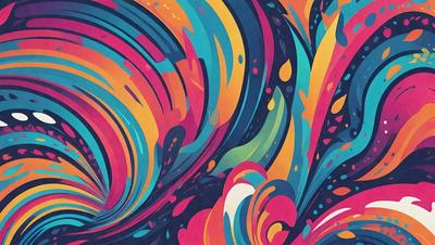 The primary subject of the image is a colorful, swirling pattern that resembles a kaleidoscope. The setting is a colorful background, and the visual style is a combination of digital art and illustration. The dominant colors in the image are orange, blue, and green, creating a vibrant and lively atmosphere.