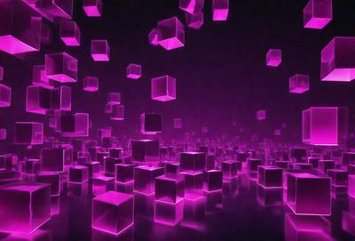 The primary subject of the image is a large number of pink cubes or blocks floating in a purple space. The setting appears to be a futuristic or digital environment, with the cubes and blocks creating a visually striking and unique pattern. The visual style of the image is a combination of digital art and illustration, with the pink and purple colors creating a vibrant and lively atmosphere.