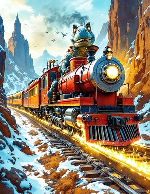 Primary subject: A red train with a large dinosaur on top of it.

Setting/background: A snowy mountain range in the background.

Visual style: Digital art.

Colors and mood: The red train and the dinosaur are the dominant colors, creating a bold and exciting atmosphere.