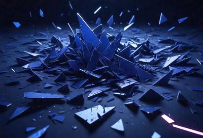 The primary subject of the image is a pile of broken glass, which is scattered across a black surface. The setting appears to be a dark room, with the broken glass pieces creating a dramatic and moody atmosphere. The visual style of the image is a combination of photo and digital art, as the broken glass pieces are arranged in a way that resembles a painting or a digital illustration. The colors in the image are predominantly black and blue, with the broken glass pieces adding a sense of depth and contrast to the overall