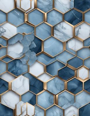 The primary subject of the image is a blue and white marble tile pattern. The setting is a wall with a blue and white marble tile pattern. The visual style is a close-up of the marble tile pattern. The colors and mood are predominantly blue and white, creating a clean and elegant atmosphere.