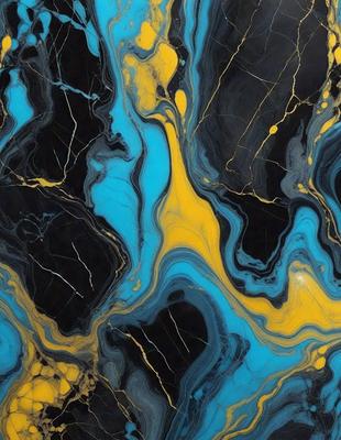 The primary subject of the image is a blue and yellow marble patterned wall. The setting is a room with a black and yellow marble patterned wall. The visual style is a close-up of the marble pattern, showcasing the intricate design. The dominant colors are blue and yellow, creating a vibrant and lively atmosphere.