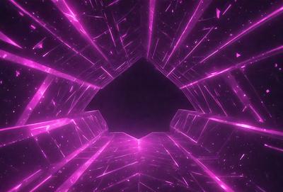 The primary subject of the image is a purple, pink, and white geometric pattern. The setting is a dark room, and the visual style appears to be a digital art or illustration. The dominant colors in the image are purple, pink, and white, creating a vibrant and lively atmosphere.