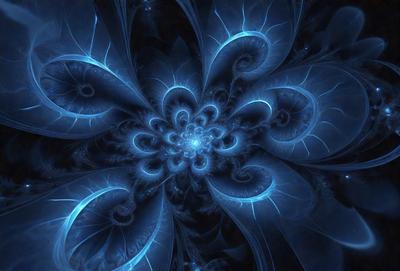 The primary subject of the image is a blue and white flower with a spiral pattern. The setting is a dark blue background, which creates a contrasting and dramatic effect. The visual style is a combination of digital art and illustration, giving the image a unique and artistic appearance. The dominant colors are blue and white, with the blue background and white flower, creating a serene and calming atmosphere.