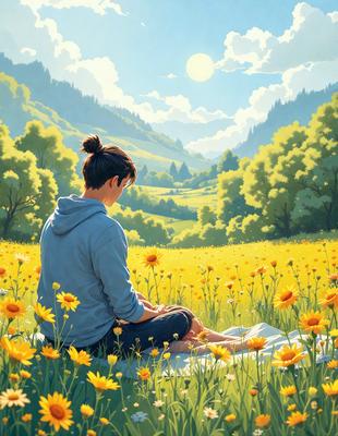 The primary subject of the image is a woman sitting in a field of flowers. She is wearing a blue hoodie and appears to be enjoying her time in the beautiful, sunny outdoor setting. The field is filled with yellow flowers, creating a vibrant and serene atmosphere. The visual style of the image is a painting, which adds a sense of artistic expression and depth to the scene. The colors and mood of the image are predominantly warm and inviting, with the sunny day and the abund