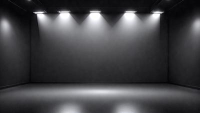 The primary subject of the image is a black background with a row of lights shining on it. The setting is a dark room, and the visual style is a black and white photo. The dominant colors are black and white, and the overall atmosphere is dramatic and moody.