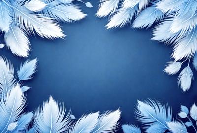 The primary subject of the image is a blue background with white feathers. The setting is a blue sky, and the visual style is a digital art or illustration. The dominant colors are blue and white, creating a calm and serene atmosphere.