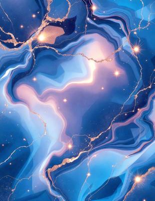 The primary subject of the image is a blue and gold mosaic pattern, which is the main focus of the image. The setting is a blue and gold background, and the visual style is a digital art or illustration. The dominant colors in the image are blue and gold, creating a vibrant and luminous atmosphere.