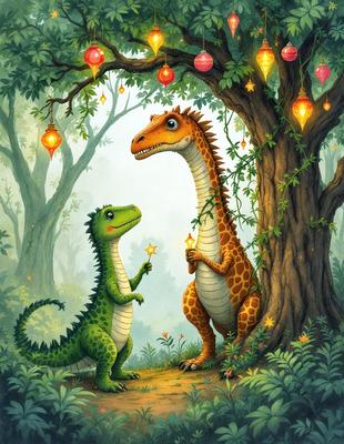 The primary subject of the image is a cartoon illustration of a dinosaur and a lizard standing next to each other. The dinosaur is on the left side of the image, while the lizard is on the right. They are both holding stars in their hands.

The setting of the image is a forest, with a tree in the background. The visual style of the image is a cartoon illustration, which gives it a playful and whimsical appearance. The colors used in the image are predomin