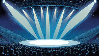 The primary subject of the image is a large, illuminated stage with a blue background. The stage is filled with a crowd of people, who are all looking up at the stage. The setting is a theater or a similar venue, and the visual style is a digital art or an illustration. The colors and mood of the image are predominantly blue, creating a calm and serene atmosphere.