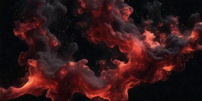 The primary subject of the image is a red, swirling, and flaming cloud. The setting is a dark background, which contrasts with the bright and vibrant colors of the cloud. The visual style is a combination of a photo and digital art, creating a unique and captivating scene. The dominant colors are red and orange, giving the image a warm and intense atmosphere.