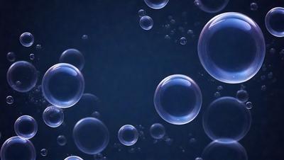 The primary subject of the image is a blue background with numerous bubbles floating in the air. The setting appears to be a dark, possibly underwater, environment. The visual style of the image is a combination of photo and digital art, creating a unique and captivating scene. The dominant colors in the image are blue and white, giving it a calm and serene atmosphere.