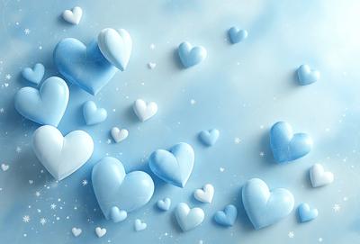 The primary subject of the image is a collection of blue hearts floating in a blue sky. The setting is a cloudy blue background, which adds to the overall atmosphere. The visual style is a combination of digital art and illustration, creating a unique and eye-catching design. The dominant colors are blue and white, which contribute to a calm and serene mood.