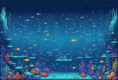 The primary subject of the image is a vibrant underwater scene filled with a variety of colorful fish and coral. The setting is a blue ocean, and the visual style is a digital art or illustration. The colors and mood of the image are lively and energetic, with the bright colors of the fish and coral creating a sense of depth and beauty in the underwater world.