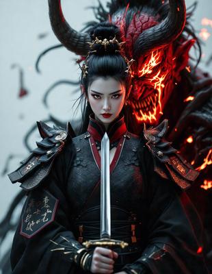 The primary subject of the image is a woman dressed in a black and red outfit, holding a sword. She is standing in front of a demon or a demonic creature, which is the setting/background of the scene. The visual style of the image is digital art, and the colors and mood are dark and intense.