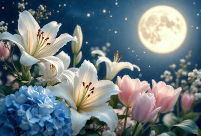 Primary subject: Flowers
Setting/background: A night sky with a full moon
Visual style: Digital art
Colors and mood: The flowers are predominantly white and pink, creating a serene and peaceful atmosphere.