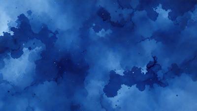 The primary subject of the image is a blue sky with a few stars visible. The setting is a cloudy night sky, and the visual style is a watercolor painting. The colors and mood of the image are predominantly blue, with a sense of calmness and tranquility.