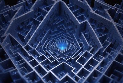 The primary subject of the image is a large, intricate, and blue-toned maze. The setting is a dark, enclosed space, and the visual style appears to be a digital art or illustration. The dominant colors are blue and black, creating a mysterious and captivating atmosphere.