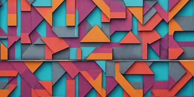 The primary subject of the image is a colorful, geometric pattern made up of triangles and squares. The pattern is displayed on a blue and orange background, creating a vibrant and lively atmosphere. The visual style of the image is a combination of digital art and illustration, with the geometric shapes and colors creating a unique and eye-catching design.
