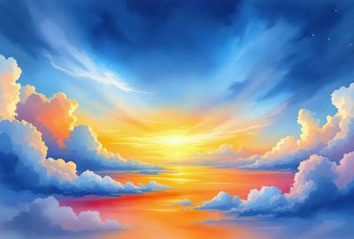 The primary subject of the image is a beautiful sunset over a body of water. The setting is a cloudy sky, which adds to the overall atmosphere of the scene. The visual style of the image is a painting, which showcases the artist's skill in capturing the vibrant colors and the serene mood of the sunset. The dominant colors in the painting include shades of orange, pink, and blue, which create a warm and inviting atmosphere.