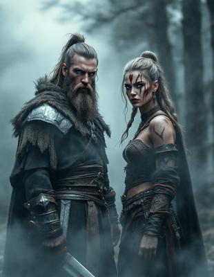 The primary subject of the image is a man and a woman standing together in a dark, foggy forest. They appear to be dressed in medieval or fantasy-inspired clothing, with the man wearing a beard and a chainmail shirt. The woman is wearing a leather outfit and has a tattoo on her face. The setting is a forest with trees in the background, creating a mysterious and dramatic atmosphere. The visual style of the image is a combination of photo and digital art, giving