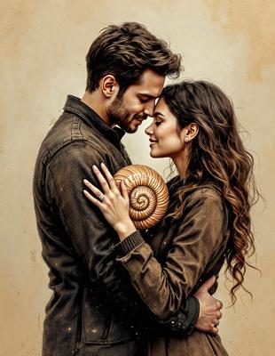 The primary subject of the image is a man and a woman standing close to each other, with the woman holding a large shell. The setting appears to be a beach, as the woman is wearing a brown shirt. The visual style of the image is a painting, which adds a sense of artistic expression to the scene. The colors and mood of the painting are warm and inviting, with the woman's brown shirt and the beach setting creating a cozy and relaxing atmosphere.