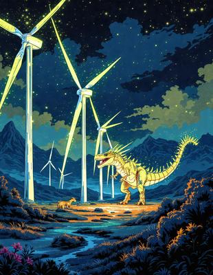Primary subject: Dinosaur
Setting/background: Mountains, forest, and night sky
Visual style: Digital art
Colors and mood: Dark, moody, and dramatic