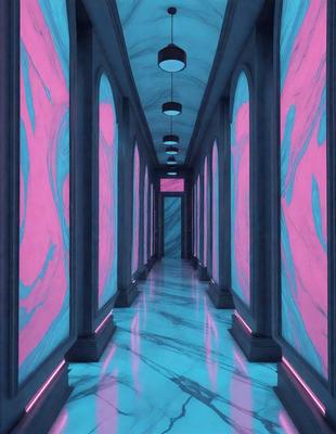 The primary subject of the image is a long, narrow hallway with a blue and pink color scheme. The setting is a building, and the visual style appears to be a combination of digital art and illustration. The dominant colors are blue and pink, creating a unique and vibrant atmosphere.