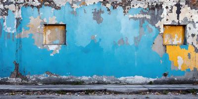 The primary subject of the image is a blue wall with a peeling paint surface. The setting is an outdoor area with a sidewalk and a building in the background. The visual style is a photo, capturing the blue wall and its surroundings. The colors and mood of the image are predominantly blue, creating a calm and serene atmosphere.