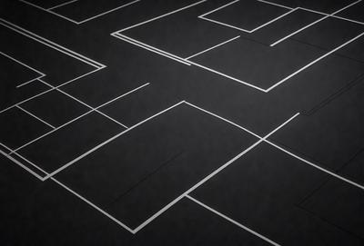 The primary subject of the image is a black and white parking lot with a maze-like pattern. The setting is a black surface, and the visual style appears to be a photo. The colors and mood of the image are predominantly black and white, creating a sense of mystery and intrigue.