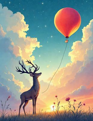 Primary subject: A deer with antlers, standing in a field and looking up at a hot air balloon.

Setting/background: The deer is standing in a field with flowers, and the sky is filled with clouds.

Visual style: The image is a digital art illustration.

Colors and mood: The image has a warm and vibrant color palette, with the deer's antlers and the hot air balloon being the main focus. The flowers in the field