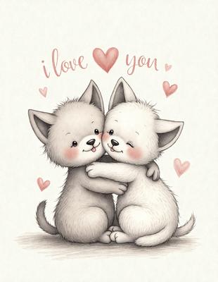 The image features two white kittens with pink noses, sitting close to each other and hugging each other. They are surrounded by hearts, which adds a loving and affectionate touch to the scene. The kittens are positioned on a surface that appears to be a combination of a pattern and a texture, creating a visually interesting and cozy environment. The overall atmosphere of the image is warm, cute, and heartwarming.