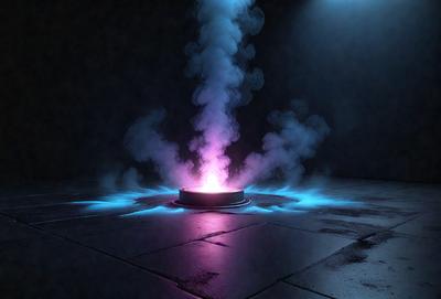 The primary subject of the image is a large, colorful, and glowing smoke ring. The smoke ring is located in the center of the scene, and it appears to be floating in the air. The setting is a dark room, which adds to the dramatic and mysterious atmosphere of the image. The visual style is a combination of photo and digital art, creating a unique and captivating scene. The colors and mood of the image are predominantly dark and moody, with the vibrant colors of the smoke