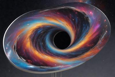 The primary subject of the image is a large, colorful, and intricately designed circular object. The setting is a dark background, which contrasts with the vibrant colors of the circular object. The visual style appears to be a combination of digital art and illustration, creating a unique and captivating design. The dominant colors in the image are blue, orange, and purple, giving the scene a lively and energetic atmosphere.