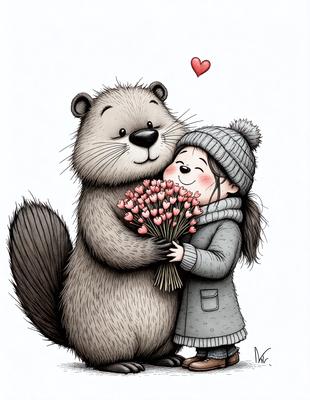 The primary subject of the image is a cartoon-like drawing of a girl holding a bouquet of flowers. The girl is wearing a hat and a coat, and she is standing next to a large, cute animal, which could be a bear or a rabbit. The setting appears to be a whimsical, imaginative scene, possibly from a children's storybook. The visual style is a combination of digital art and illustration, creating a unique and charming image. The colors are predominantly pastel