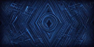 The primary subject of the image is a blue and white geometric pattern. The setting is a dark blue background, which contrasts with the bright blue and white pattern. The visual style appears to be a digital art or illustration, as the pattern is intricate and detailed. The colors and mood of the image are predominantly dark and moody, with the blue and white pattern providing a sense of depth and contrast.