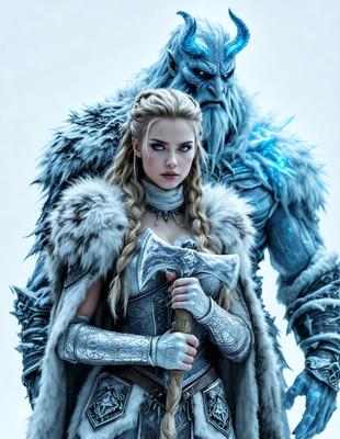 The primary subject of the image is a woman dressed in medieval armor, holding a large sword. She is standing next to a man, who is also dressed in medieval armor. The setting appears to be a snowy environment, with the woman and man standing in front of a blue background. The visual style of the image is digital art, with the woman and man depicted in a detailed and realistic manner. The colors in the image are predominantly blue and white, creating a cold and icy atmosphere.