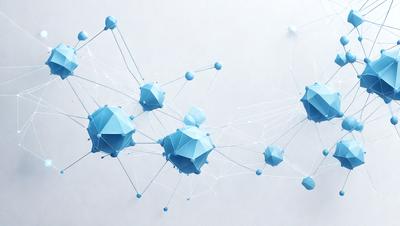 The primary subject of the image is a collection of blue geometric shapes, which are connected by white lines. The shapes are arranged in a way that creates a sense of depth and complexity. The setting is a white background, which provides a clean and minimalist appearance to the shapes. The visual style is a combination of digital art and illustration, as the shapes are created using a computer program or digital drawing tool. The dominant colors are blue and white, giving the image a calm and soothing atmosphere.