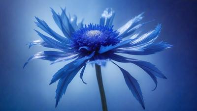 The primary subject of the image is a blue flower with a yellow center, which is the main focus of the image. The setting is a blue background, which creates a contrasting and visually appealing environment. The visual style of the image is a close-up of the flower, showcasing its details and colors. The dominant colors in the image are blue and yellow, creating a calm and serene atmosphere.