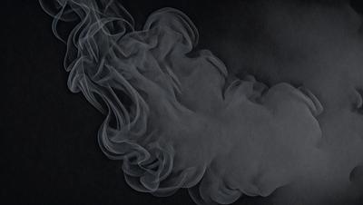 The primary subject of the image is a large, dark, and smoky cloud. The setting is a black background, which contrasts with the cloud, making it stand out. The visual style is a black and white drawing, giving the image a dramatic and moody atmosphere. The dominant colors are black and white, with the cloud being the main focus of the image.