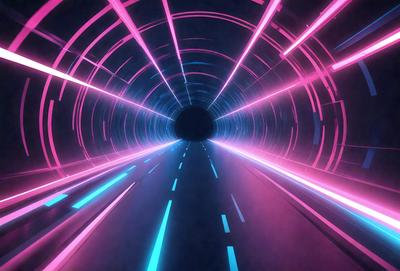 The primary subject of the image is a tunnel with a brightly lit, colorful interior. The tunnel appears to be a futuristic, neon-lit space, creating a vibrant and dynamic atmosphere. The setting is a dark background, which contrasts with the brightly lit tunnel, emphasizing the tunnel's unique visual style. The colors and mood of the image are predominantly pink, blue, and purple, giving the scene a lively and energetic feel.