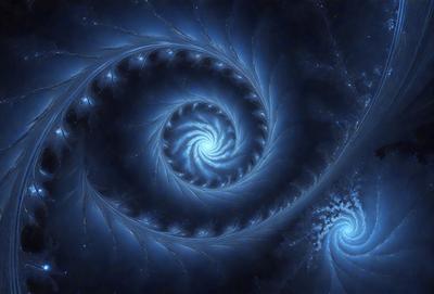 The primary subject of the image is a spiral pattern, which is the main object, scene, or focus of the image. The spiral pattern is set against a blue background, giving it a vibrant and lively appearance. The visual style of the image is digital art, as it is a computer-generated representation of the spiral pattern. The dominant colors in the image are blue and white, creating a sense of depth and contrast.