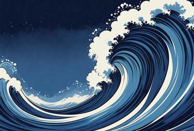 The primary subject of the image is a large wave in the ocean. The wave is blue and white, and it appears to be crashing onto the shore. The setting is the ocean, with the wave being the main focus of the image. The visual style is a combination of photo and digital art, creating a dynamic and realistic representation of the wave. The colors and mood of the image are energetic and powerful, as the wave is a force of nature that can be both awe-inspiring and intimidating