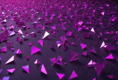 The primary subject of the image is a close-up of a purple background with a pattern of pink triangles. The setting is a dark background, which contrasts with the bright pink triangles. The visual style is a combination of digital art and illustration, creating a unique and eye-catching design. The colors and mood of the image are predominantly purple and pink, giving it a vibrant and lively atmosphere.