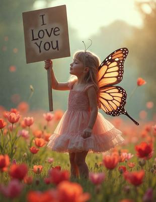 The primary subject of the image is a young girl dressed as a butterfly, holding a sign that reads "I love you." She is standing in a field of flowers, which serves as the setting and background of the scene. The visual style of the image is a combination of photo and digital art, creating a vibrant and lively atmosphere. The dominant colors in the image are pink and orange, which are associated with the butterfly costume and the flowers in the field.