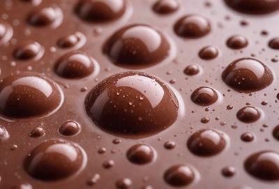 The primary subject of the image is a close-up of a chocolate sauce, which appears to be dripping or melting. The setting is a table, and the visual style is a close-up, possibly a photo or a digital artwork. The colors and mood of the image are predominantly brown, suggesting a warm and rich atmosphere.