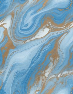 The primary subject of the image is a blue and white marbled surface, which appears to be a piece of art or a decorative item. The setting is a room with a blue wall, and the visual style is a combination of digital art and illustration. The dominant colors are blue and white, creating a calm and serene atmosphere.