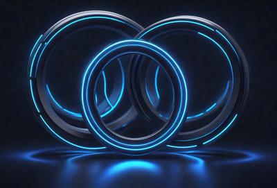 The primary subject of the image is a set of three blue rings. The rings are arranged in a row, with one ring on the left, one in the middle, and one on the right. The setting is a dark background, which contrasts with the bright blue rings. The visual style is a digital art, as the rings appear to be glowing and have a futuristic or neon appearance. The colors and mood of the image are predominantly blue, creating a sense of depth and a futuristic atmosphere.